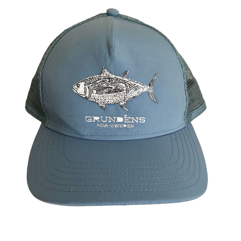 Grundens Tuna Trucker Hat Blue Fish Patch Fishing Mesh Cap USA-Sweden Snapback